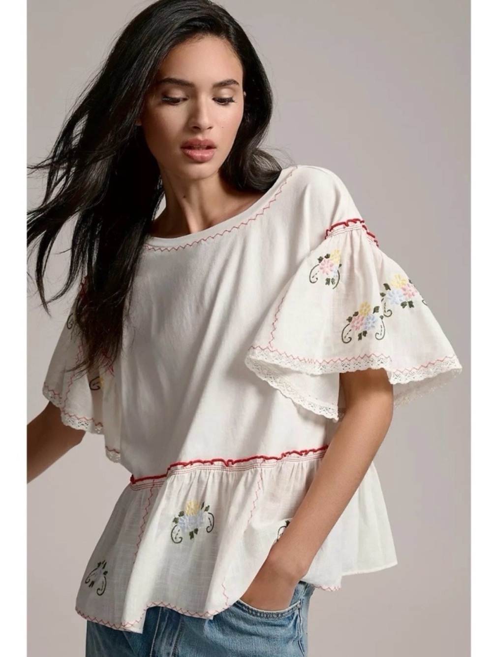 Anthropologie Babydoll Embroidered Tapestry Floral Peplum White Cottagecore‎ Top